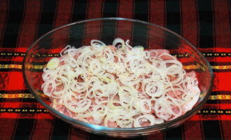 Peel the onion and cut it into thin rings. Place the rings over the meat in a thin layer.