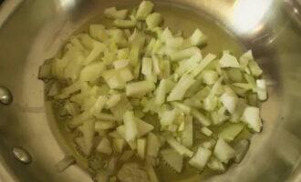 Chop the onion and brown it in a frying pan with vegetable oil, after heating it.