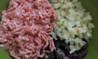 Combine cogumelos fritos com cebola, abóbora refogada e carne picada.