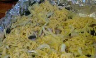 Grate the cheese and spread over the onion layer.