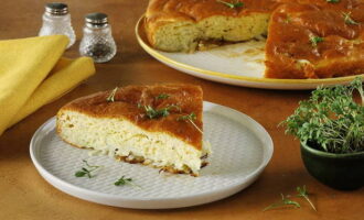 La torta in gelatina con maionese e panna acida con cavolo cappuccio è pronta al forno. Dividete in porzioni e servite!