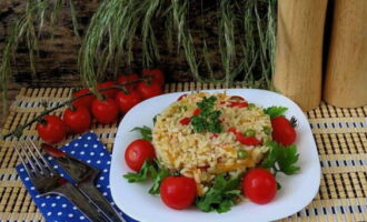 O arroz com legumes na frigideira está pronto! Decore o prato ao seu gosto e poderá servir no jantar. Bom apetite! 