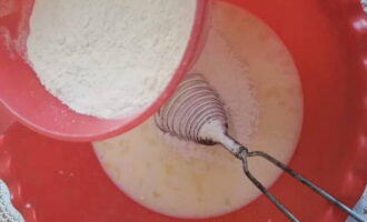 Salt and sugar. Add sifted flour and baking soda.