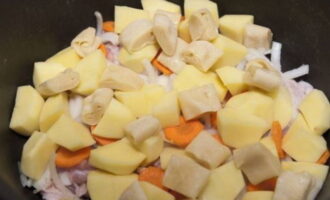 Place the ingredients in layers in a cauldron: meat, onions, carrots, potatoes, pieces of dough. Repeat layers.