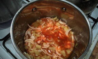 Gupitin ang sibuyas sa manipis na quarter ring, idagdag sa mga pipino, magdagdag ng tomato paste na may asukal, ibuhos ang 250 ML ng tubig at kumulo ang lahat sa katamtamang init sa loob ng 30-40 minuto. Sa panahong ito, ang sibuyas ay kumukulo at magbibigay sa hodgepodge ng mas makapal na texture.