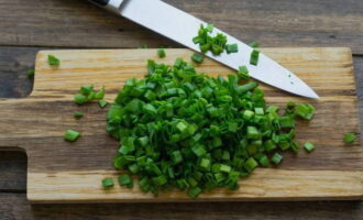 Untuk pengisian, bilas bulu bawang hijau, goncangkan kelembapan berlebihan dan potong menjadi cincin.