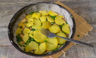 Cut the pre-boiled potatoes into slices. Arrange the product over the filling. Salt and pepper.