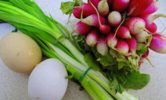 Wir bereiten die benötigten Produkte gemäß der Liste vor. Wir waschen das Gemüse und die Kräuter gut unter Wasser und lassen es trocknen. Sie können es auf ein Papiertuch legen oder in einem Sieb abtropfen lassen.