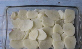 The next layer is to distribute thin slices of potatoes, do not forget to add salt.