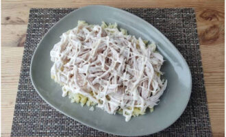 Letakkan lapisan kedua fillet ayam dengan mesh mayonis.