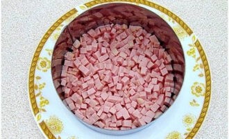 Formiamo l'insalata utilizzando un anello. Disporre la salsiccia nel primo strato.