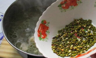 Lessare il brodo con carne di pollo e ossa. Tira fuori il pollo finito e lascialo raffreddare in modo da poterlo tagliare a pezzi. Metti i fagioli mung preparati nel brodo.