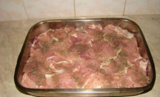 วางหมูสับที่ได้ลงบนชั้นหัวหอม ใส่เกลือและพริกไทยป่นเพื่อลิ้มรส