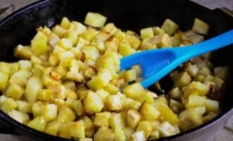 Having heated half the vegetable oil, unload the slices into the frying pan. Fry quickly.