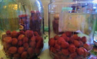 We wash the jars thoroughly. For this it is better to use baking soda. Fill clean jars with washed strawberries. Pour boiling water over the lids. Boil water. Step 3.Carefully fill the jars with boiling water. Cover with lids and leave for 15 minutes. Add as many berries as you like. The richness of the drink depends on the number of fruits.