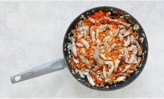 We supplement the meat with chopped onions, garlic and grated carrots. Fry everything together for a couple of minutes, stirring constantly.