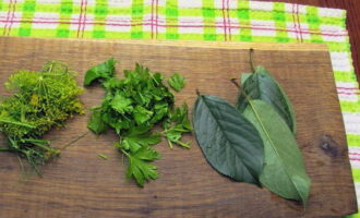 Enjuague las inflorescencias de eneldo, el perejil y las hojas de cerezo bajo el grifo. Pica las verduras en trozos grandes.