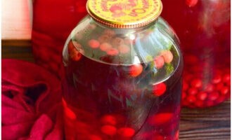 Kompot ceri untuk balang 3 liter sudah siap untuk musim sejuk. Simpan di tempat yang sejuk!