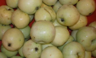 We rinse the apples under water and remove the stems.