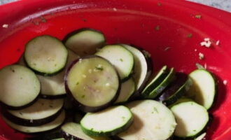 Coloque os legumes numa tigela e tempere com duas colheres de sopa de óleo de girassol, um dente de alho passado numa prensa, ervas picadas e sal e pimenta - misture e deixe de molho durante 60 minutos.