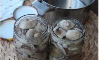 Plaats de afgewerkte champignons in hete gesteriliseerde potten, met zwarte bessenblaadjes onderaan. Sluit de stukken en laat afkoelen. Stuur voor opslag op een koele, donkere plaats. Na anderhalve maand zijn de champignons volledig gebeitst.