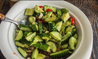 Sazone el aperitivo con vinagre de sidra de manzana, salsa de soja y aceite de girasol; mezcle bien y colóquelo en el refrigerador durante aproximadamente media hora.