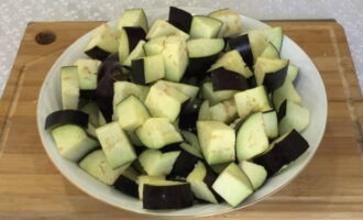 Hvordan tilbereder man en lækker snack til vinteren? Vi vasker auberginerne godt under vand og skærer dem i tern. Salt, bland og lad stå i 30 minutter. Skyl derefter aubergineterningerne under vand. Dette vil fjerne overskydende bitterhed fra grøntsagerne.