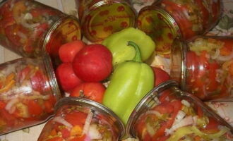 Salade de tomates et poivrons pour l'hiver, prête à se lécher les doigts. Emportez-le pour le stockage !