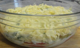 Place eggplants and tomatoes in layers in a baking dish. Pour over the filling and sprinkle with grated cheese.