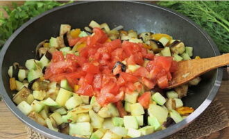 Ahora ponga los tomates en la sartén, revuelva y cubra con una tapa. Cocine a fuego lento durante 20-25 minutos, agregue sal y pimienta 10 minutos antes de que estén tiernos.