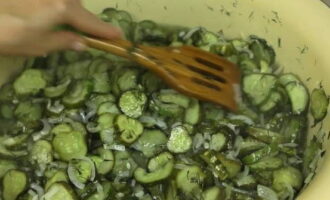 Pasado este tiempo, poner la ensalada a fuego medio, llevar a ebullición, verter vinagre y cocinar revolviendo durante 4-5 minutos, no más, hasta que el color de los pepinos cambie a oliva.