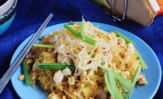 Serve the Pad Thai hot, topped with peanuts, green onions and bean sprouts. Bon appetit!