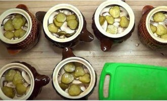 Wash the champignons, cut into slices and place on top of the fillet. Cut the pickled cucumbers into thin slices and place a few pieces on top of the champignons.