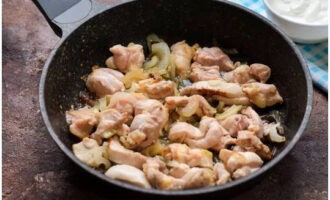 Smažte půlkolečka cibule na rostlinném oleji po dobu dvou minut, přidejte stehenní filet a smažte asi dalších 4-5 minut.