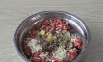 Let's start with the filling: add chopped onion, chopped garlic, as well as salt and ground black pepper to the minced meat.