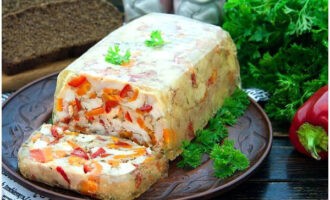 Turn the pan upside down and remove the terrine from the pan. Transfer the appetizer to a plate and garnish with fresh parsley. Bon appetit!