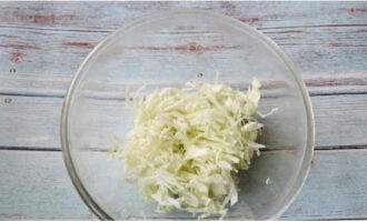 L'insalata di cavolo fresco è facile e veloce da preparare. Tritare finemente il cavolo cappuccio bianco e metterlo in una ciotola profonda, impastandolo con le mani.