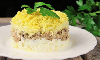 Cospargere l'insalata con tuorli grattugiati. Mettere in frigorifero per l'ammollo. L'insalata Mimosa secondo la ricetta classica è pronta. Servire in tavola!