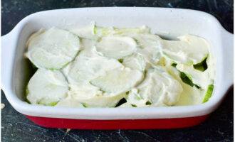 Vet een kleine ovenschaal in met plantaardige olie en plaats de courgettecirkels in een gelijkmatige laag. Bestrijk de courgette rijkelijk met mayonaise.