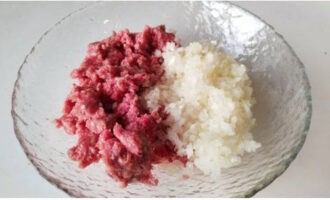 Entretanto, comecemos pelo recheio: corte a cebola descascada em pedaços tão pequenos quanto possível e misture com a carne picada, não se esqueça de adicionar sal e pimenta.