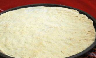 Thin pizza dough, like in a pizzeria, is ready. Roll it out into a thin base and proceed to further preparations.