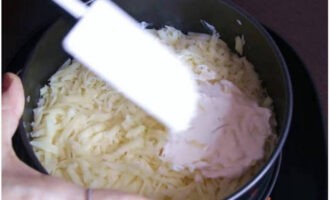 Geriebenen Käse auf die Sticks legen und mit Mayonnaise bedecken.