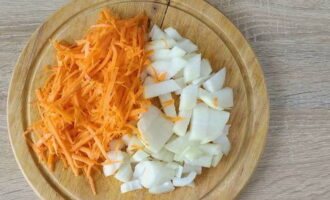 Cut the onion into cubes and grate the carrots.