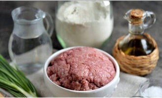 Chebureks cu carne la tigaie sunt foarte usor de preparat. Pregătim produsele: dezghețăm carnea tocată, clătim penele de ceapă și scuturăm excesul de umiditate.