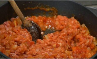 Seque a frigideira no fogo e despeje óleo vegetal sobre a superfície aquecida. Primeiro frite a cebola e o alho até ficarem macios, acrescente sal e tempere a fritura. Adicione a pasta de tomate e os tomates enlatados e mexa. Em seguida, adicione a carne picada aos legumes e continue cozinhando tudo junto por mais 10 minutos. A carne picada deve estar meio pronta.