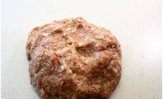 Das Hackfleisch mit Zwiebeln und Gewürzen gründlich vermischen, bis eine glatte Masse entsteht, dann auf einer Arbeitsfläche ca. 15 Minuten schlagen.