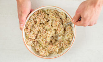 Lave o arroz em água corrente e ferva em água e sal por 7 minutos. Em seguida, coloque o cereal fervido em uma peneira para escorrer a água. Descasque as cebolas e pique-as finamente. Pique as verduras finamente com uma faca. Frite a cebola em óleo vegetal até ficar macia, depois acrescente as verduras e frite por mais um minuto. Misture a carne picada, o arroz e a cebola frita em uma tigela.