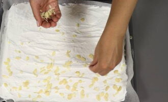 Iguhit ang isang malaki, patag na baking sheet na may baking paper at ipamahagi ang masa ng protina sa isang pantay na layer, budburan ng almond petals. Magluto ng 30 minuto sa 150 degrees.