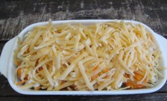 Grate the cheese on a coarse grater and sprinkle with shavings for the pollock dish.