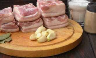 Com preparar la llard de porc més deliciosa en salmorra a casa? Preparem els productes necessaris. Tallem el llard a trossos. Peleu els alls.